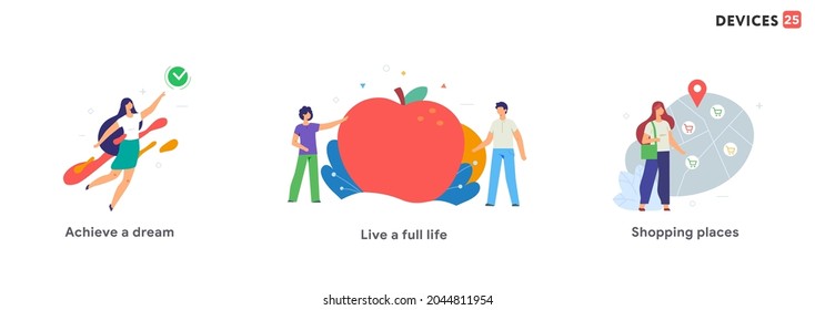 People use smartphones, leisure tourism, health, dream, social networks set of icons, illustration. Smartphones tablets user interface social media.Flat illustration Icons infographics. Landing page