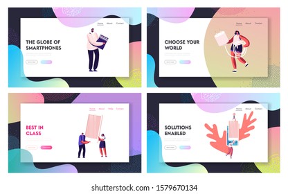People Use Smartphones Website Landing Page Set. Male and Female Characters Holding Devices for Mobile Phones Sd Card and Charger. Smart Technologies Web Page Banner. Cartoon Flat Vector Illustration