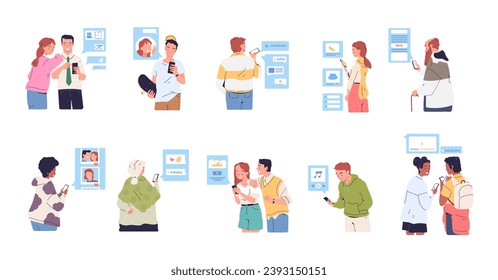 People use smartphones. Youth senior characters using mobile phones, human smartphone addiction smart cellphone technology, online internet surf classy vector illustration of mobile technology phone