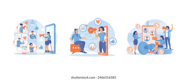 Las Personas usan las redes sociales. Recomiendan amigos. Información de Compartir sobre Recomendaciones y ganar dinero. Concepto de Programa de recomendaciones. Fije la Ilustración vectorial plana.