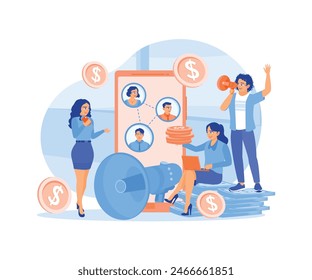 People use social media. Share info about referrals and earn money. Referral Program concept. Flat vector illustration.