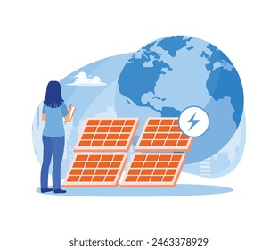People use solar panels as a substitute for electricity. Energy efficiency in households and industry. Energy efficiency concept. Flat vector illustration.