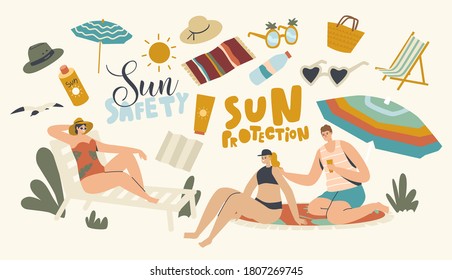 People Use Sun Protection Concept. Male and Female Characters on Beach Put Sunscreen Cream on Skin. Summer Vacation, Ultraviolet Rays Hazard for Health Defence, Sunbath. Linear Vector Illustration