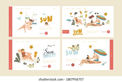 People Use Sun Protection Landing Page Template Set. Characters on Beach Put Sunscreen Cream on Skin. Summer Vacation, Ultraviolet Rays Hazard for Health Defence, Sunbath. Linear Vector Illustration