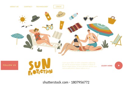 People Use Sun Protection Landing Page Template. Characters on Beach Put Sunscreen Cream on Skin. Summer Vacation, Ultraviolet Rays Hazard for Health Defence, Sunbath. Linear Vector Illustration