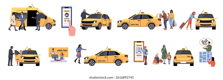 People use taxis. Townspeople calling, waiting for transport, yellow cars, passengers transportation in city, mobile app. Public transport cartoon flat style isolated tidy vector set