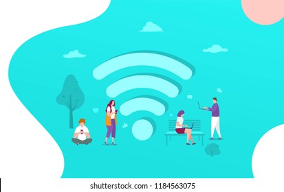 People use their smartphone and laptop use wifi zone in the park vector illustration concept can use for, landing page, template, ui, web, mobile app, poster, banner, flyer