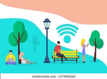 	
People use their smartphone and laptop use wifi zone in the park. It can use for, landing page, template, ui, web, mobile app, poster, banner, flyer