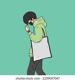 people use totebag on good pose green Background vector modern illustration
