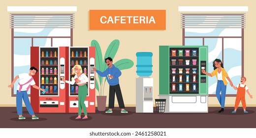 People use vending machines. Parents with children buy soda and snacks, automatic products sale, business and service, cafeteria interior, cartoon flat style isolated tidy vector concept