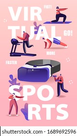 People Use Virtual Reality Concept. Tiny Characters Wearing Vr Goggles Exercising on Treadmill, Fighting, Push Up, Augmented Reality Sports Workout Poster Banner Flyer. Cartoon Vector Illustration