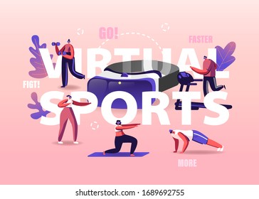 People Use Virtual Reality Concept. Tiny Characters Wearing Vr Goggles Exercising on Treadmill, Fighting, Push Up, Augmented Reality Sports Workout Poster Banner Flyer. Cartoon Vector Illustration