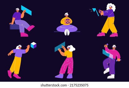 People use virtual reality glasses for games and education. Vector flat illustration of augmented reality, metaverse with man and woman in vr headset play videogame, study to drive car, draw