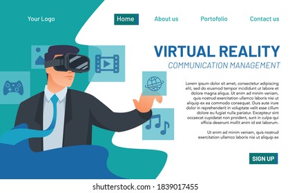La gente usa la realidad virtual para jugar y ver películas. Concepto de página de inicio para tecnología de realidad virtual