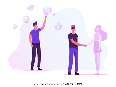 People Use Virtual Reality Technology for Dating and Education. Male Characters Wearing Augmented Reality Vr Goggles Date with Girl and Studying. Man Learn Astronomy. Cartoon Flat Vector Illustration