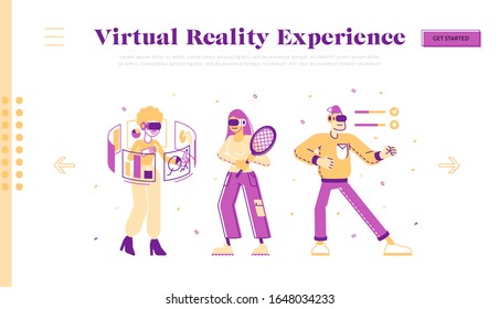 People Use Virtual Reality Technology Website Landing Page. Characters in Vr Goggles Playing Augmented Reality Games, Work, Study and Driving Web Page Banner. Cartoon Flat Vector Illustration Line Art