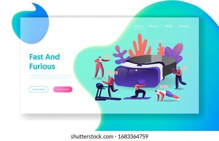 People Use Virtual Reality Technology for Sports Workout Landing Page Template. Tiny Characters in Vr Goggles Exercising on Treadmill, Fighting, Push Up, Augmented Reality. Cartoon Vector Illustration