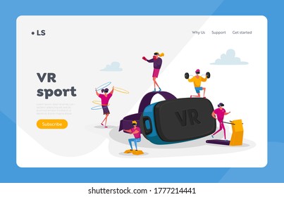 People Use Virtual Reality Technology for Sports Workout Landing Page Template. Tiny Characters Wearing Vr Goggles Exercising on Treadmill, Fighting in Augmented Reality. Cartoon Vector Illustration