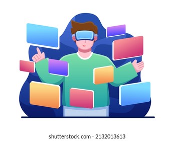 People Use Virtual Reality Technology with Flat Style Illustration. Virtual augmented reality goggle glasses concept. can use for landing page, web, presentation, infographic, animation, etc