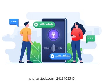 People use voice control application on the smartphone, Voice message, Voice recognition, Online voice assistance concept flat illustration vector template