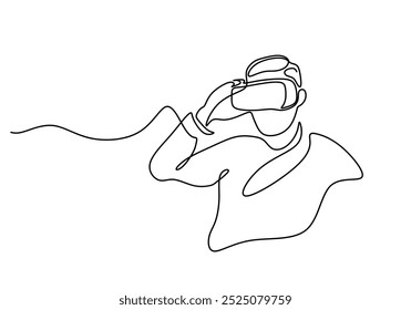 Las Personas utilizan el dibujo continuo de una línea de VR. Tecnología gadget y concepto de entretenimiento. Fondo minimalista de Ilustración vectorial.