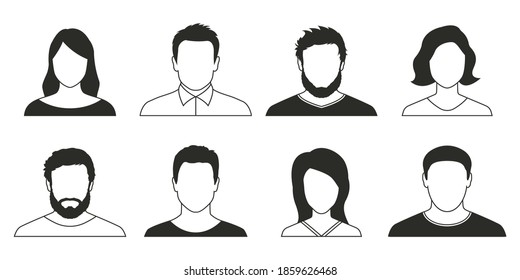 People user avatar outline icon. Man and woman face, head collection. Male and female character. Anonymous persons. Vector illustration.
