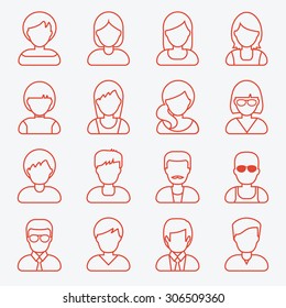 People userpics icons in line style. Different man and woman. Vector outline style illustration.