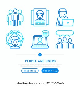 People and users thin line icons set: video call, management; communication; human resources; teamwork; candidate. Modern vector illustration; web page template.