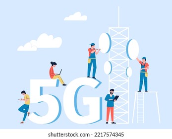 Personen mit 5g Internetanschluss. WLAN-Wellen, sicheres Internet in der Öffentlichkeit. Business-Netzwerk und Service-Mann-Verbindung Antenne. Neueste Telekom-Vektorszene