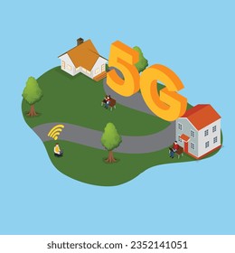 Las personas que usan internet 5G en áreas rurales tienen un concepto vectorial 3d isométrico para banner, sitio web, ilustración, página de aterrizaje, etc
