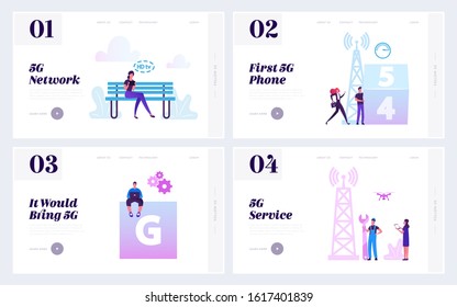 People Using 5G Technologies Website Landing Page Set. Social Media Networking Services. Men and Women Chatting Texting in Social Network in Internet Web Page Banner. Cartoon Flat Vector Illustration