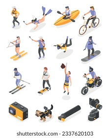 People using action camera while doing various sport activities isometric set isolated vector illustration