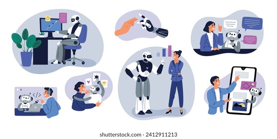 People using AI. Artificial intelligence helps to create content. Collaboration with robots. Self learning chatbot technology. Worker and android working together. Garish