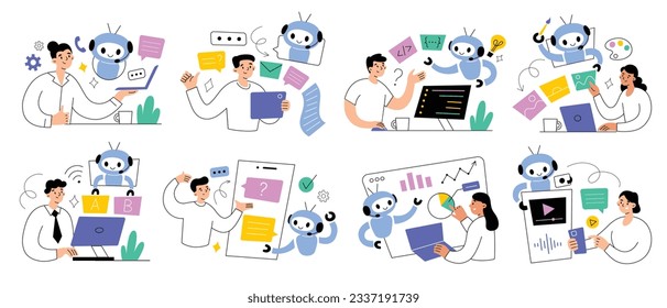 People using AI to create content. Artificial intelligence making texts, art, videos. Hand drawn set of compositions. Computer users communicating with cute robot. Chatbot apps, AI software collection