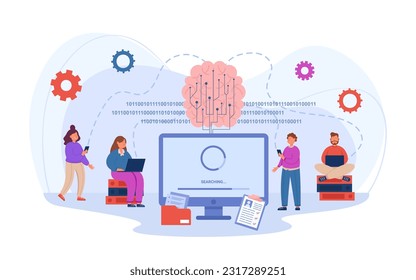 People using AI search on different devices vector illustration. Computer screen with web browser search engine connected to human brain. Artificial intelligence, chatbot concept