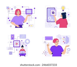 People using AI in work. Development chatbot, smart robotic app. Artificial intelligence for software. Innovative information technology. Testing computer chip, cpu. Vector illustration