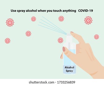 People using alcohol spray when you touch anything,Covid-19 pandemic,vector illustration.