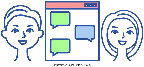 People using app for chatting and mailing. Social network for online communication via Internet. Digital technology, mobile application, messenger. Users communicating with virtual chat program