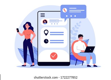 People using appointment business application. Man and woman planning meeting with online app. Vector illustration for internet technology, mobile calendar concept