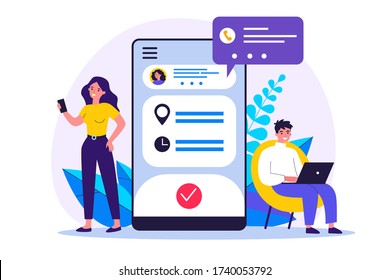 People using appointment business application. Man and woman planning meeting with online app. Vector illustration for internet technology, mobile calendar concept