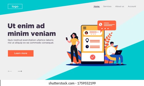 People using appointment business application. Man and woman planning meeting with online app. Vector illustration for internet technology, mobile calendar concept