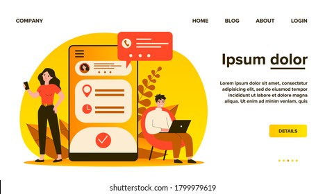 People using appointment business application. Man and woman planning meeting with online app. Vector illustration for internet technology, mobile calendar concept
