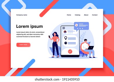 Personas que usan la aplicación de negocios de citas. Hombre y mujer planean reunirse con aplicación en línea. Ilustración vectorial para tecnología de internet, concepto de calendario móvil