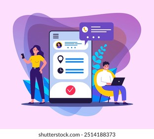 Personen, die Termingeschäftsanwendungen verwenden. Mann und Frau planen Treffen mit Online-App. Vektorgrafik für Internettechnologie, mobiles Kalenderkonzept