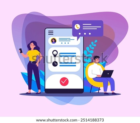 People using appointment business application. Man and woman planning meeting with online app. Vector illustration for internet technology, mobile calendar concept