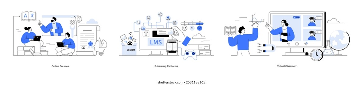 Personas con AR, interfaz del sistema de gestión del aprendizaje y configuración del aula virtual. Ideal para tecnología educativa, e-learning, aulas virtuales, educación remota, inteligencia artificial