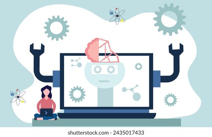 People Using Artificial Intelligence Digital Programming Data. Science and artificial intelligence technology, futuristic, AI, engineering and business concepts. Flat vector illustration.