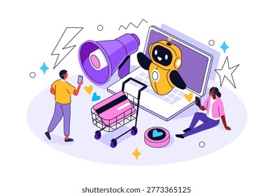 People using artificial intelligence shopping agent. Ai retail, market research, agentic commerce. Vector isometric illustration.
