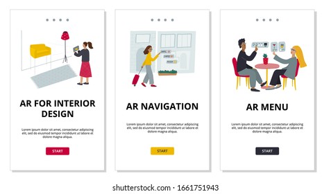 People using Augmented Reality gadgets in real life for interior design fit, tourism city navigation, restaurant order. Flat vector illustration. Mobile application advertising promotion template set.