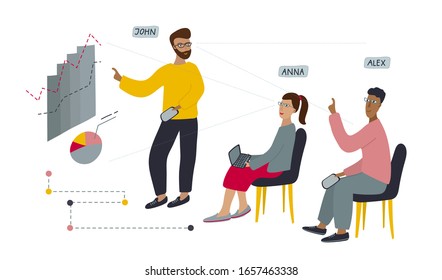 People using Augmented Reality glasses application in education training lecture. Man woman seat in class Flat vector illustration for modern technology project for future studying gadget presentation